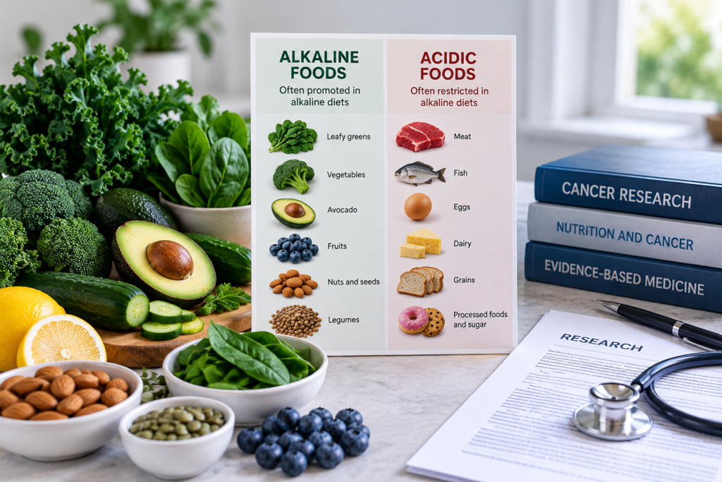 Alkaline foods, water and a pH scale illustrating the alkaline diet cancer claim