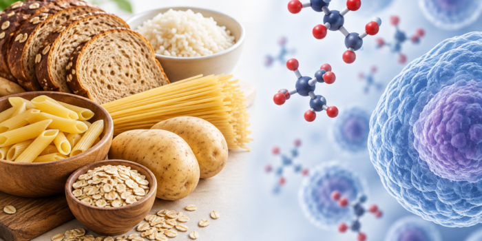 Carbohydrate foods and cancer cells illustrating glucose metabolism in cancer